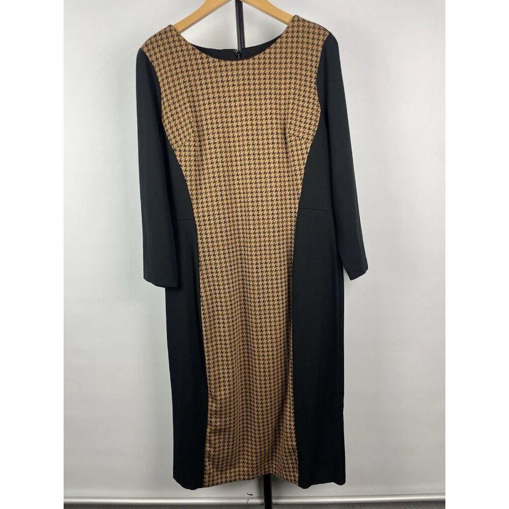 Talbots Black Brown Gingham 3/4 Sleeve Sweater Knee Length Holiday Dress Size 6